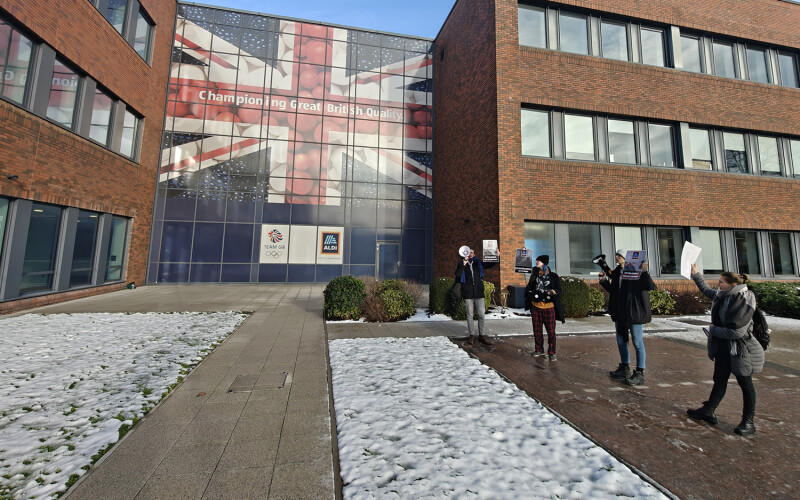Protesters outside of Aldi UK headquarters on 9 January