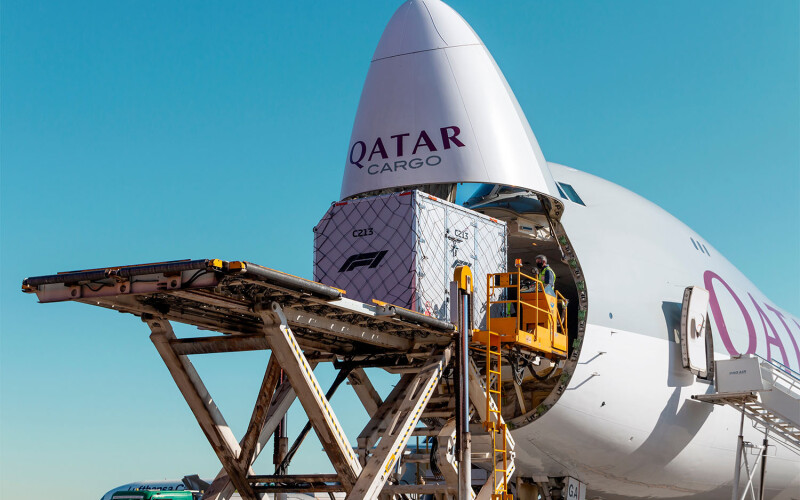 A Qatar cargo plane being loaded with freight