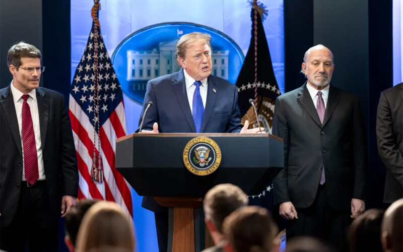 U.S. President Donald Trump at a press conference related to the Supreme Court's tariff ruling