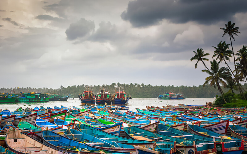 A group of fishing boats in Tamil Nadu, India