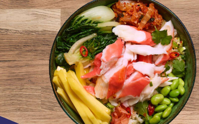 A bowl topped with surimi