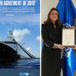 A photo of a fishing vessel next to a photo of officials with the IMO and Argentina holding the signed Cape Town Agreement