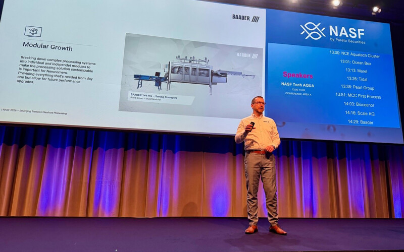 BAADER Global Sales Director for Fish Nils Rabe presenting at the 2026 North Atlantic Seafood Forum