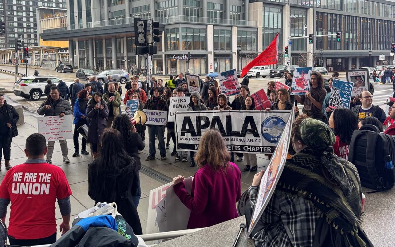 Members of the GLJ held a protest and vigil outside the Thomas M. Menino Exposition Building in Boston, Massachusetts at the 2026 Seafood Expo North America on 16 March