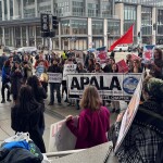 Members of the GLJ held a protest and vigil outside the Thomas M. Menino Exposition Building in Boston, Massachusetts at the 2026 Seafood Expo North America on 16 March