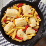 Mediterranean-Style Sole Pasta, which features wild-caught sole with penne pasta, roasted yellow and red peppers, and diced tomatoes in a lemon caper sauce