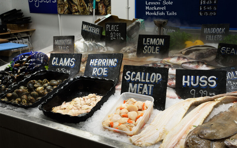A seafood counter in a retail store