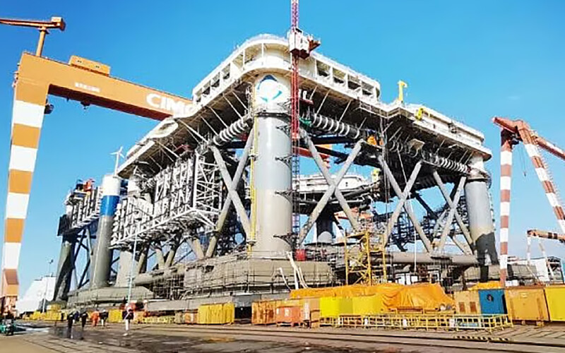 An offshore mariculture platform on a dock