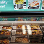 A refrigerated case of seafood products