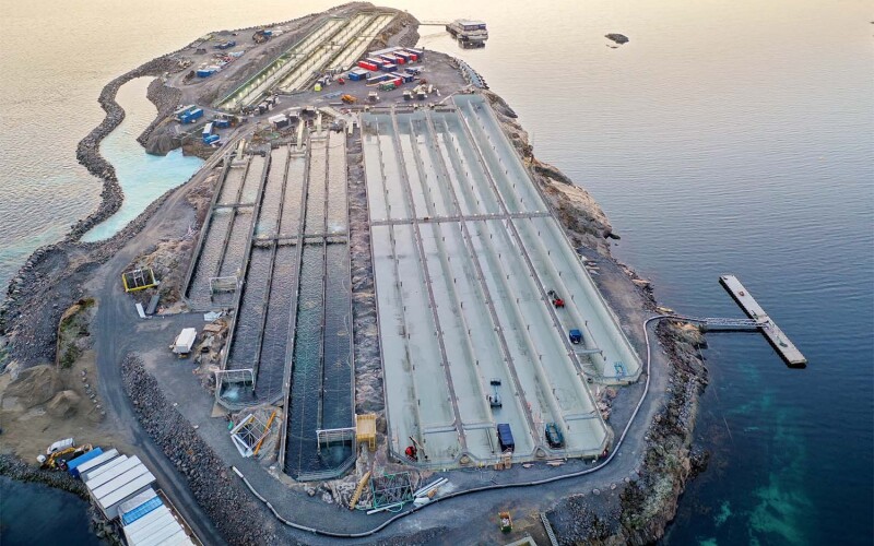 An aerial view of Gigante Salmon's farm