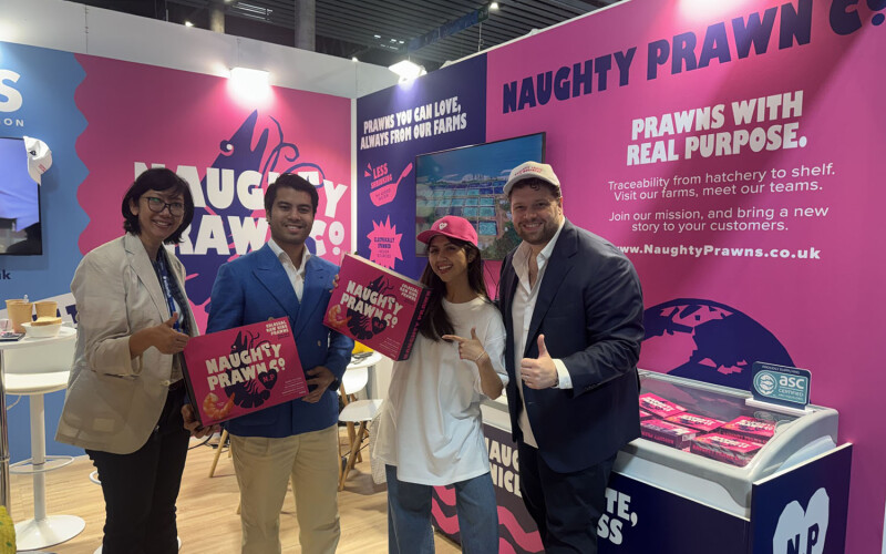 Naughty Prawn company founders at Seafood Expo Global 2026 in Barcelona, Spain