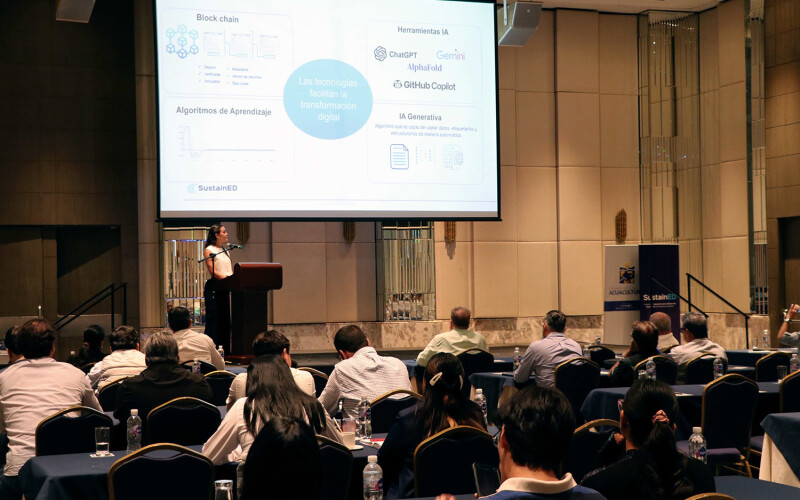 Presenters at SustainED in Ecuador learning about technological advancements in the shrimp sector