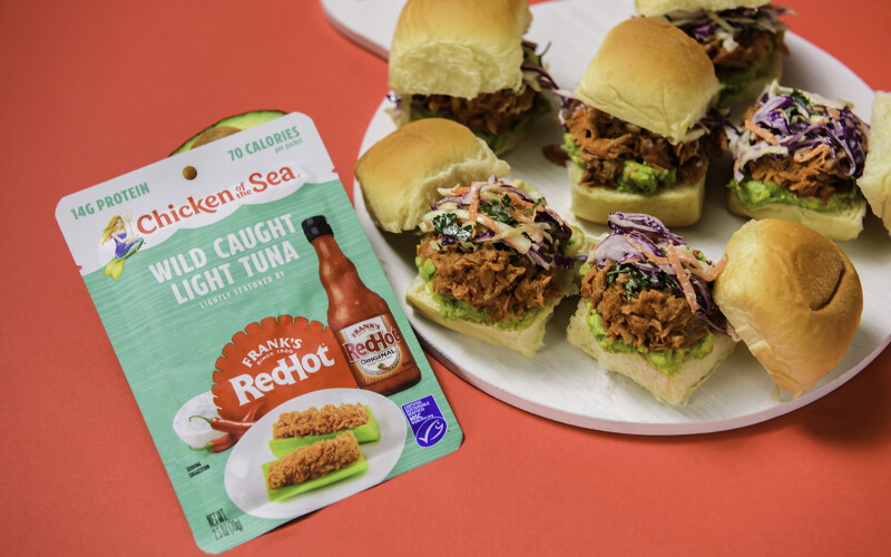 A promotional photo of a Chicken of the Sea tuna packet with Frank's hot sauce