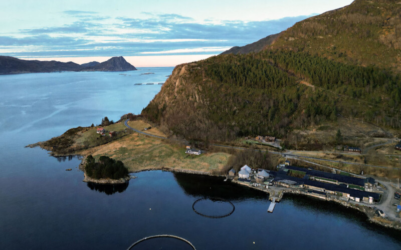 An aerial view of Mowi's facility in Vanylven, Norway