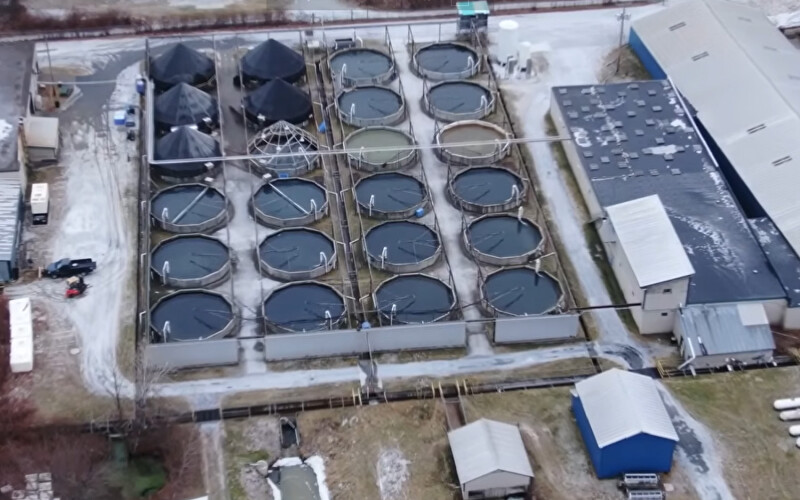 An aerial view of Cooke Aquaculture's facility in Bingham, Maine