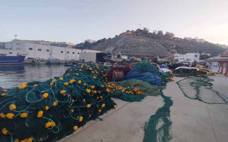 A driftnet being stored in the open in a Mediterranean port
