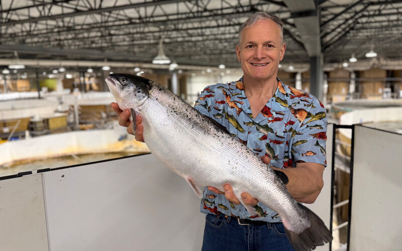 Superior Fresh Chief Science Officer Steve Summerfelt holding a salmon from the firm's Indiana RAS facility