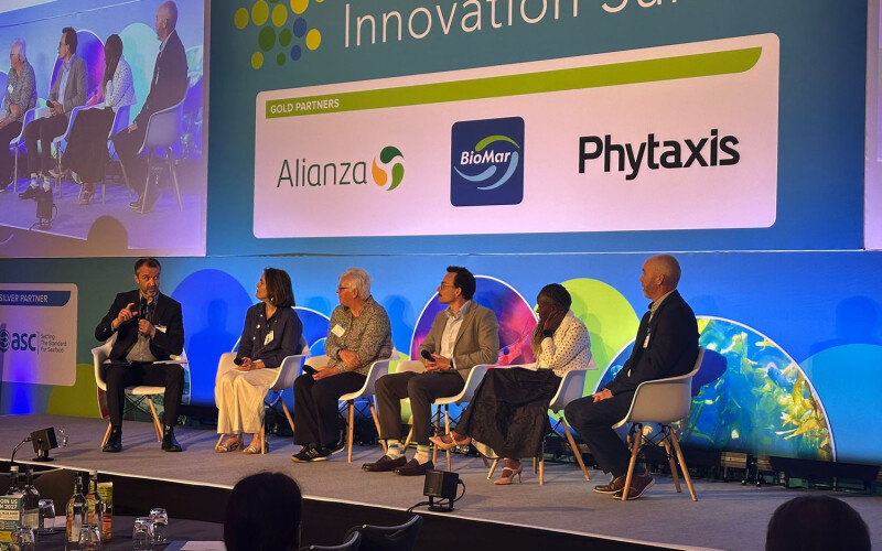 Panelists on stage during the “Mind the Innovation Gap: Building Blue Food Ecosystems for Breakthroughs” Blue Food Innovation Summit session