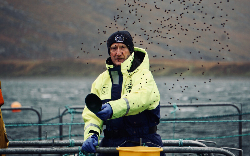 Salmon Scotland Chief Executive Tavish Scott throwing salmon feed