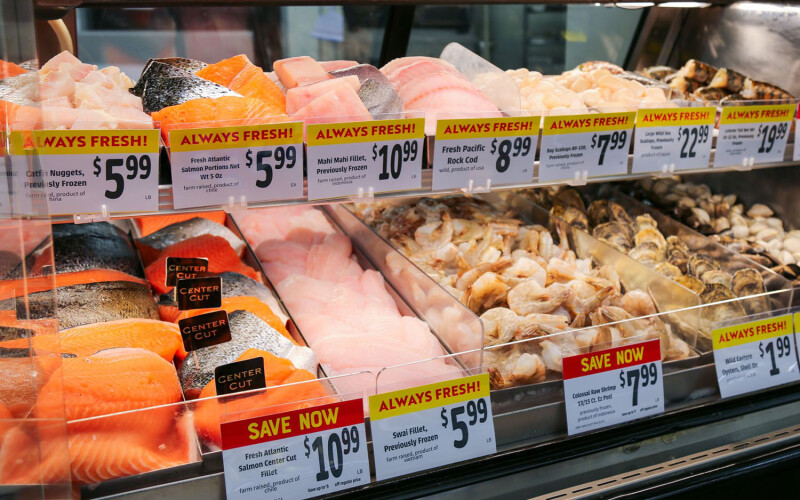 A fresh seafood case at a Save Mart grocery store