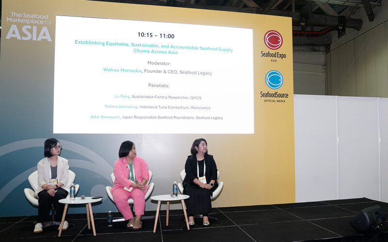Three panelists during a conference session at Seafood Expo Asia/Seafood Processing Asia