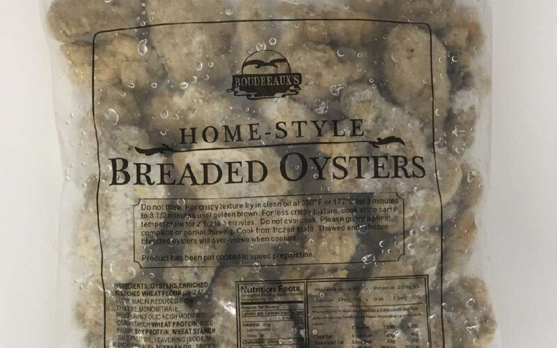 A package of frozen breaded oysters with the Boudreaux brand on it