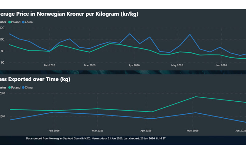 A chart showing the average price and mass exported of Norwegian salmon to China and Poland over the course of 2026