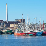 A group of fishing boats in the harbor in New Bedford