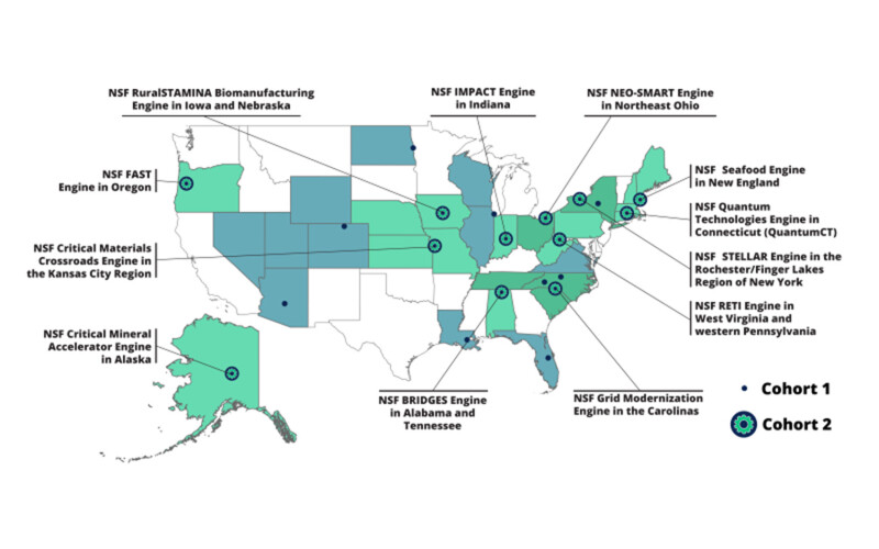 A map of the U.S. showing the locations of the National Science Foundation's "Regional Innovation Engines"