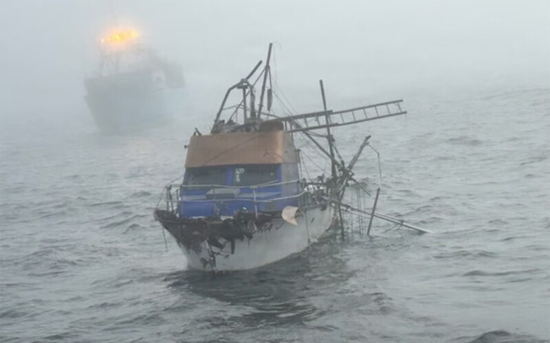 A photo in the fog of the fishing vessel Nora J, which sank after a collision with another fishing vessel