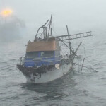 A photo in the fog of the fishing vessel Nora J, which sank after a collision with another fishing vessel