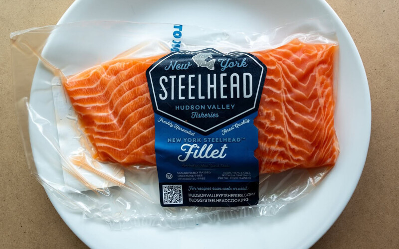 A packaged piece of Hudson Valley Fisheries steelhead trout