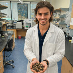 Julio Camperio, Ph.D., in the Aquaculture Nutrition and Biotech Laboratory at the Rosenstiel School, holding black soldier fly larvae