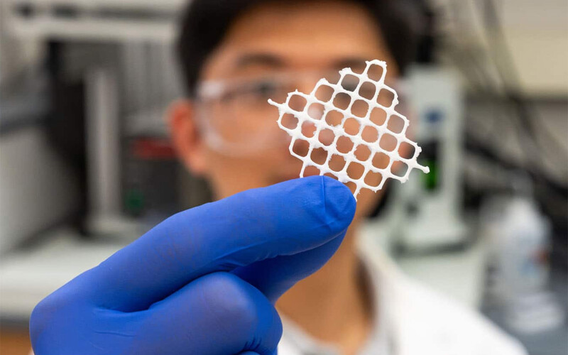 A NC State researcher holding up an example of the fluffy net