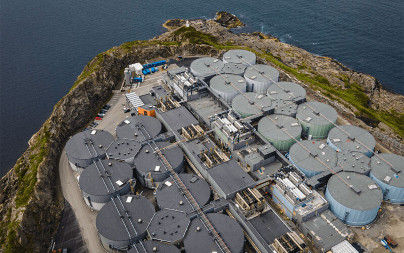An aerial view of Salmon Evolution's salmon farm in Norway