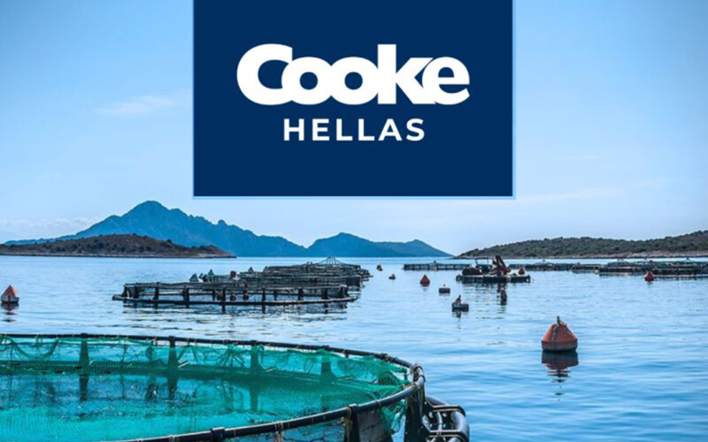 A series of net pens with the Cooke Hellas logo