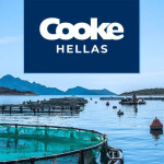 A series of net pens with the Cooke Hellas logo
