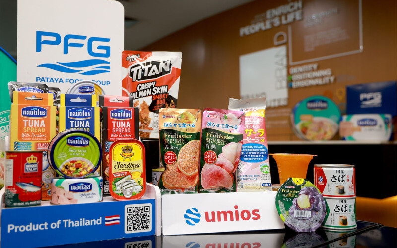 An array of Pataya Food Group products alongside the Umios logo