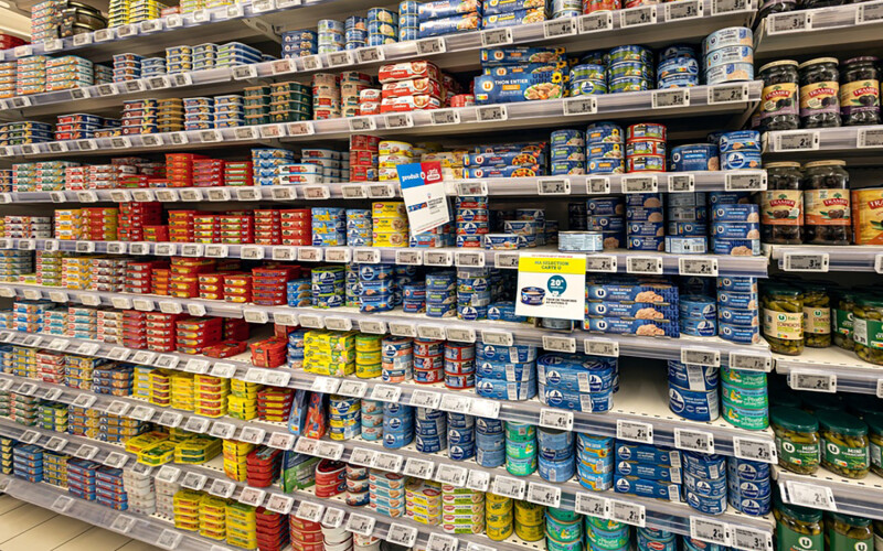 Canned fish at a grocery store in France