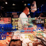 Fish market in Denmark selling Norwegian salmon and other seafood specialities