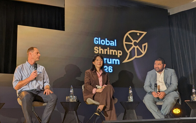 Kelly Wang talks China's shrimp imports during a panel at the Global Shrimp Forum