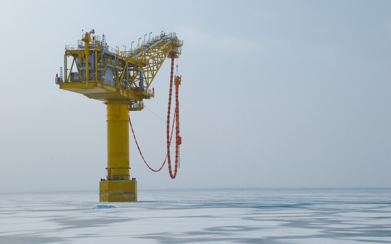 A natural gas tanker filling rig in the Arctic near Russia