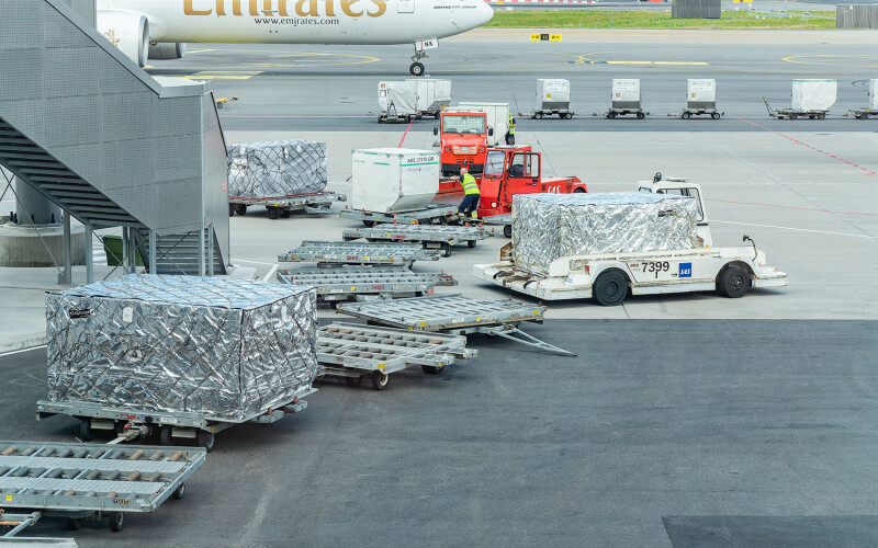 Pallets of salmon ready to be loaded onto flights at the Oslo airport