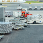 Pallets of salmon ready to be loaded onto flights at the Oslo airport