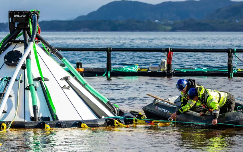 An aquaculture net pen featuring a device made by AKVA group