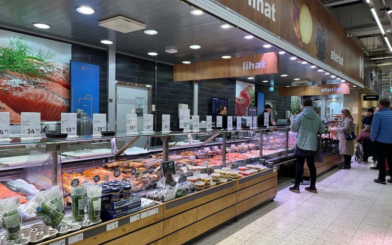 A seafood section in a grocery store in Finland