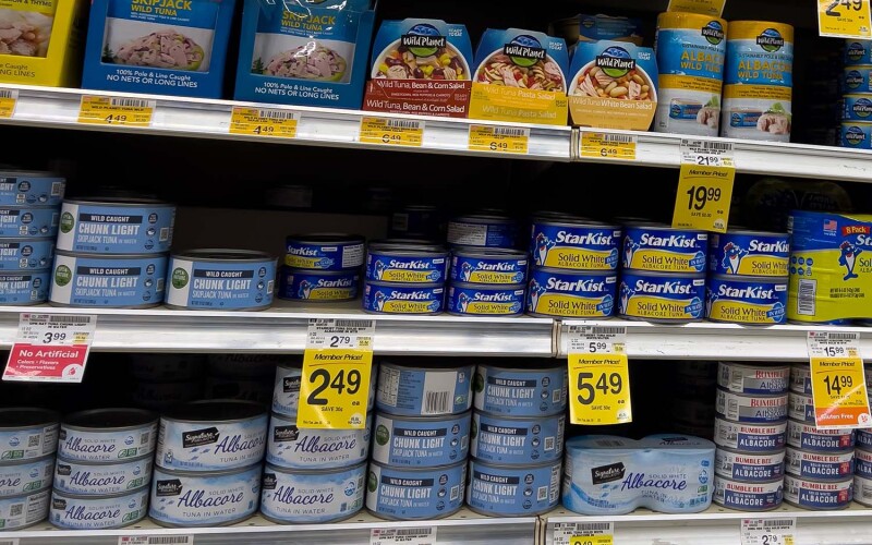 A shelf of canned tuna