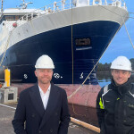 Ava Ocean Group CEO Øystein Tvedt and Board Chair Stian Tennfjord in front of the new vessel, Ava Pearl, which will recommence the company's non-invasive scallop fishing in the Barents Sea within the next few months