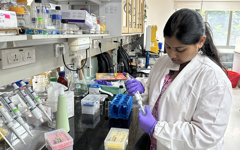 A scientist at Loopworm utilizing silkworms to produce insect-based aquaculture feed