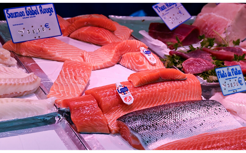 salmon for sale in a French market